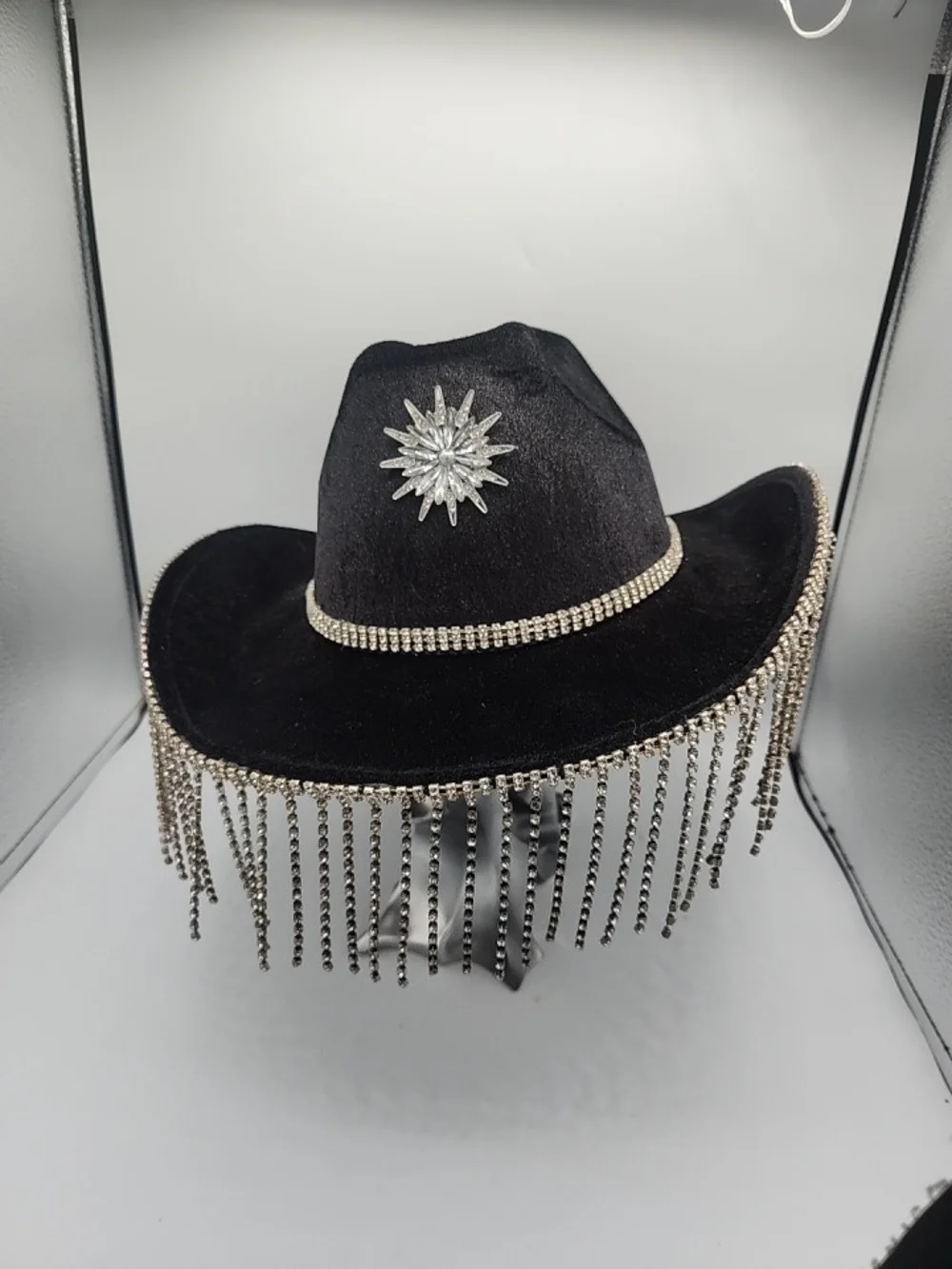 Black Rhinestone Fringe Cowgirl Hat with Starburst Brooch